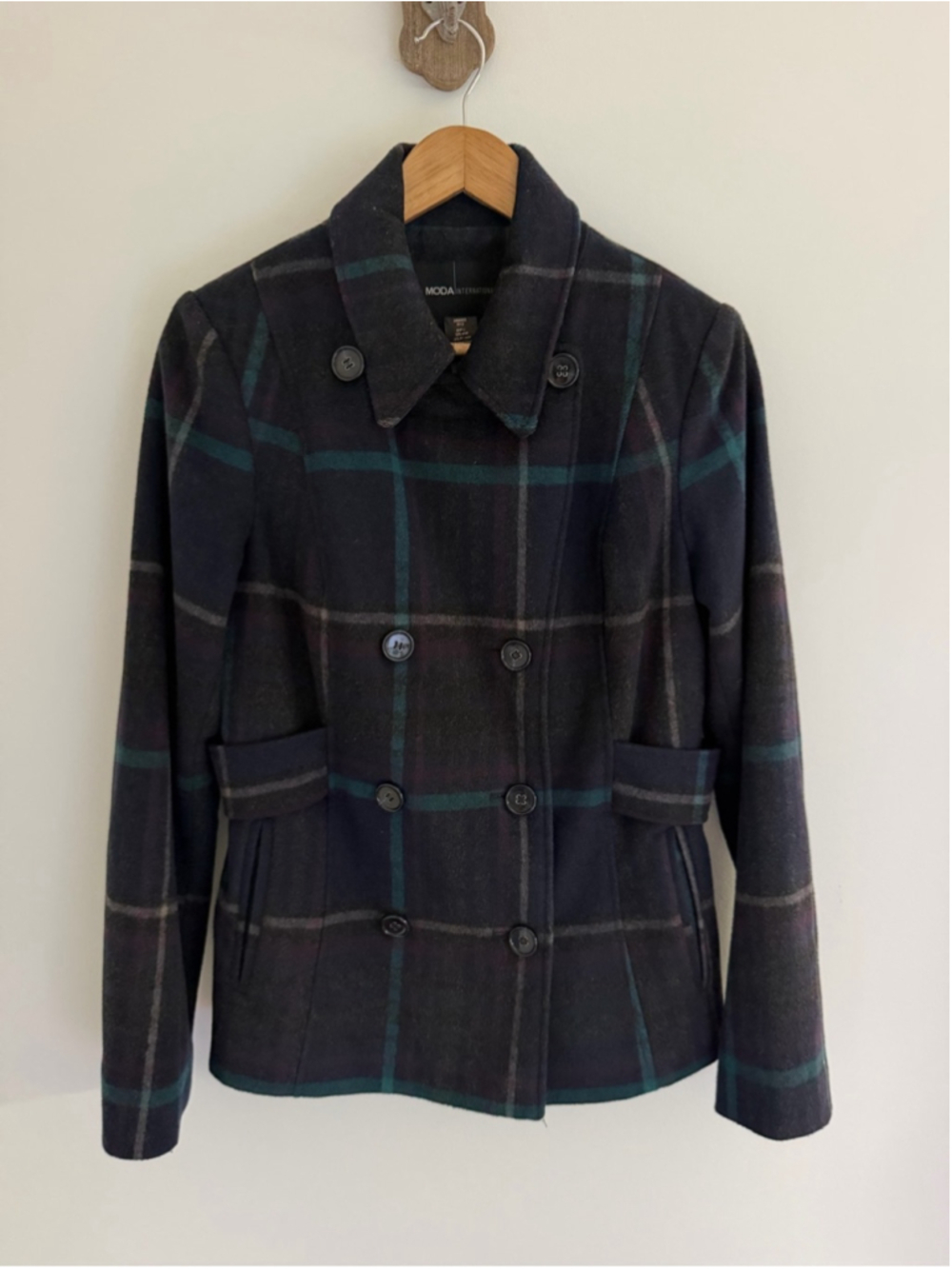 Moda International Plaid Wool Blend Double Breasted Peacoat Size 8